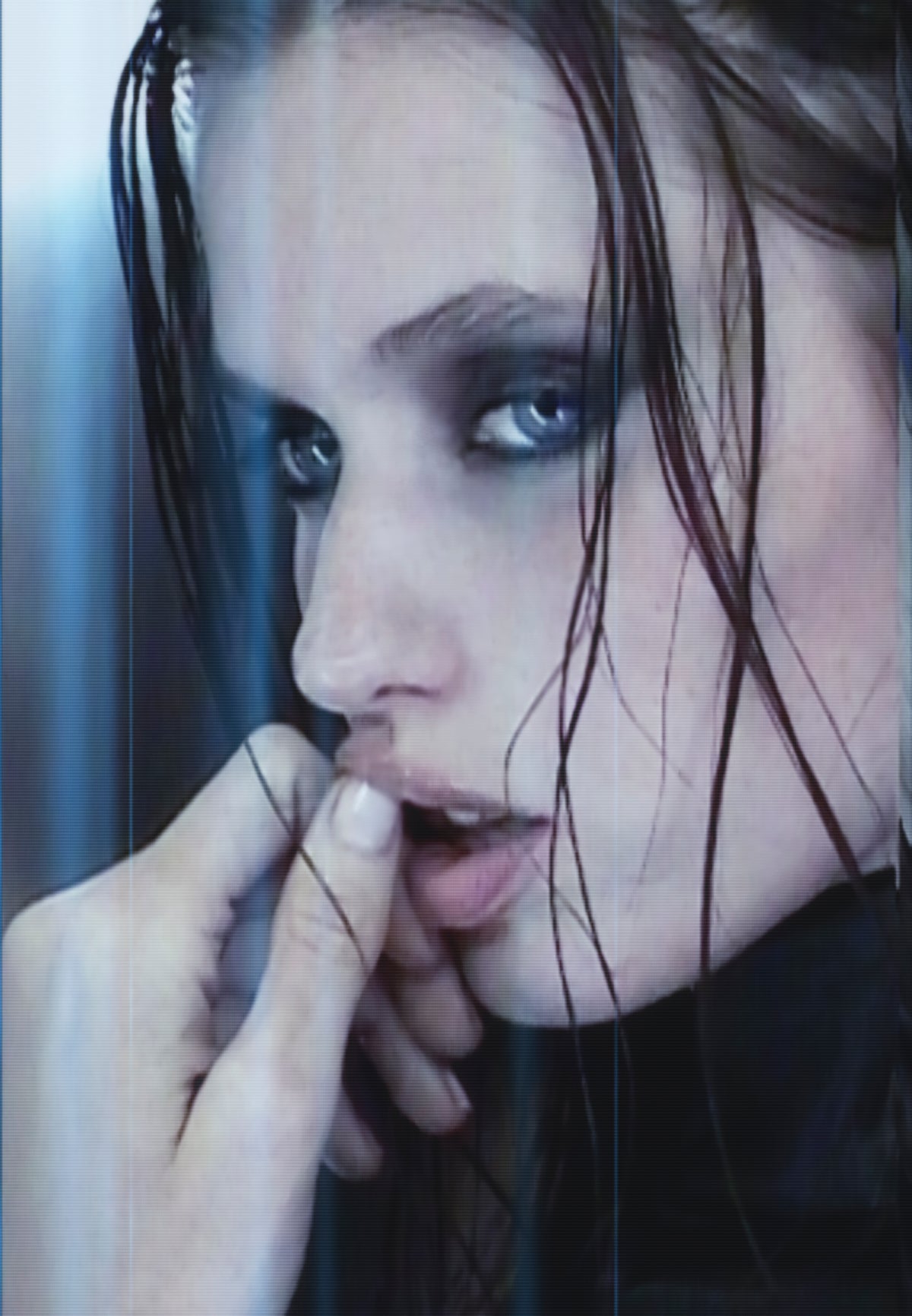 Close up of Abbey Lee with black wet hair for Common Hours