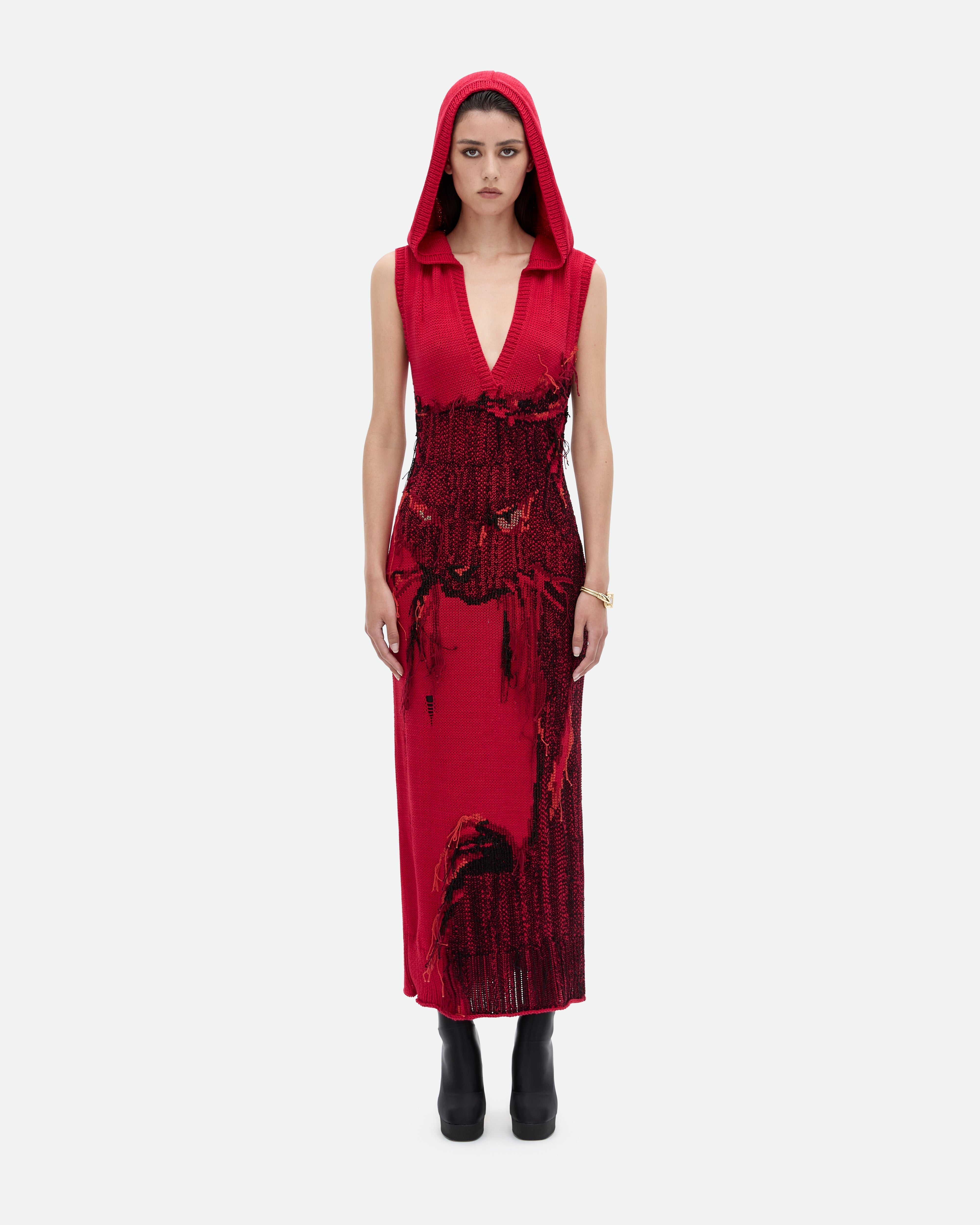 Vicious Common Hours knit red dress with black pattern and hoodie.