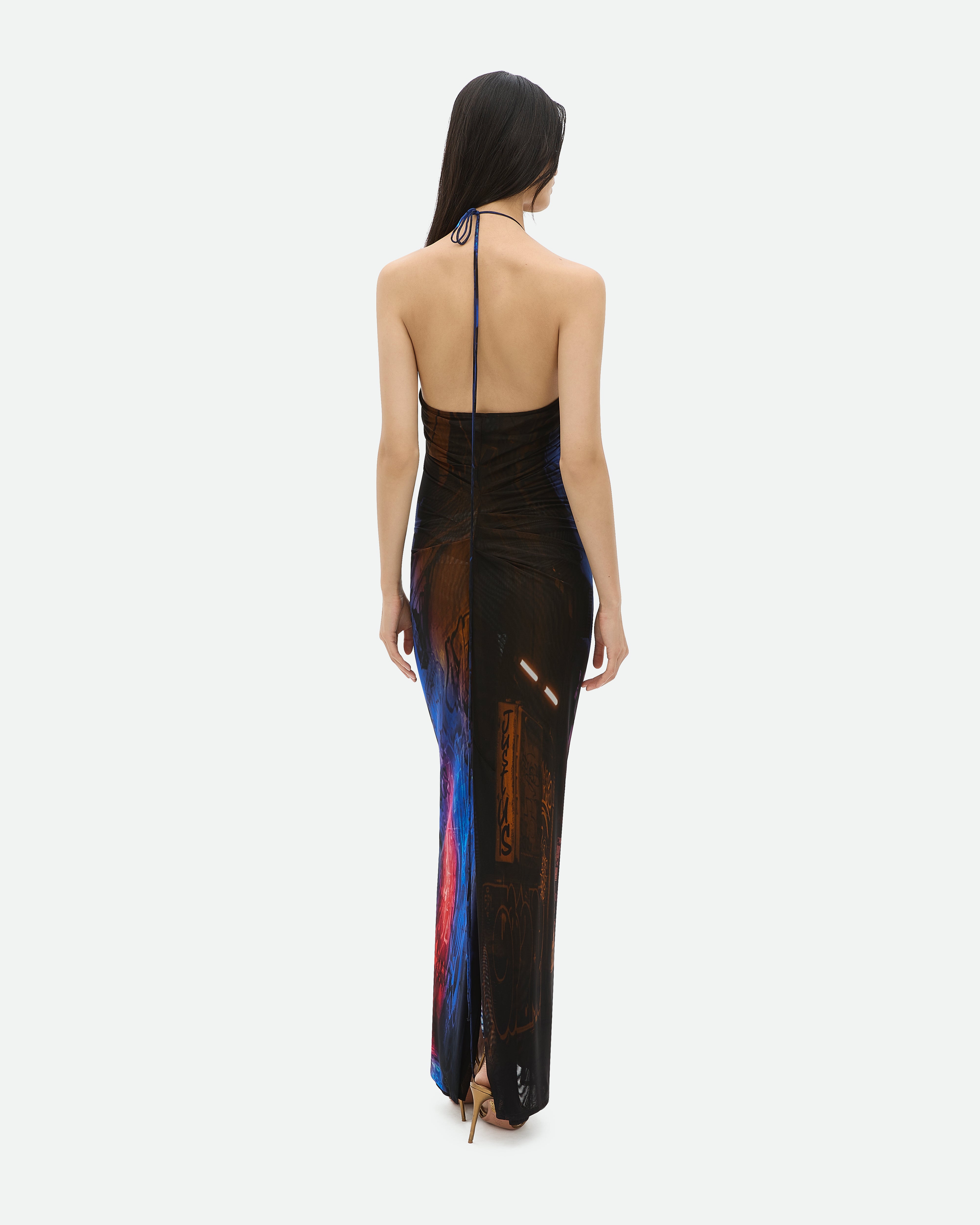 Sleeveless, floor-length, open back dress with blue and red city print Just Us Common Hours.