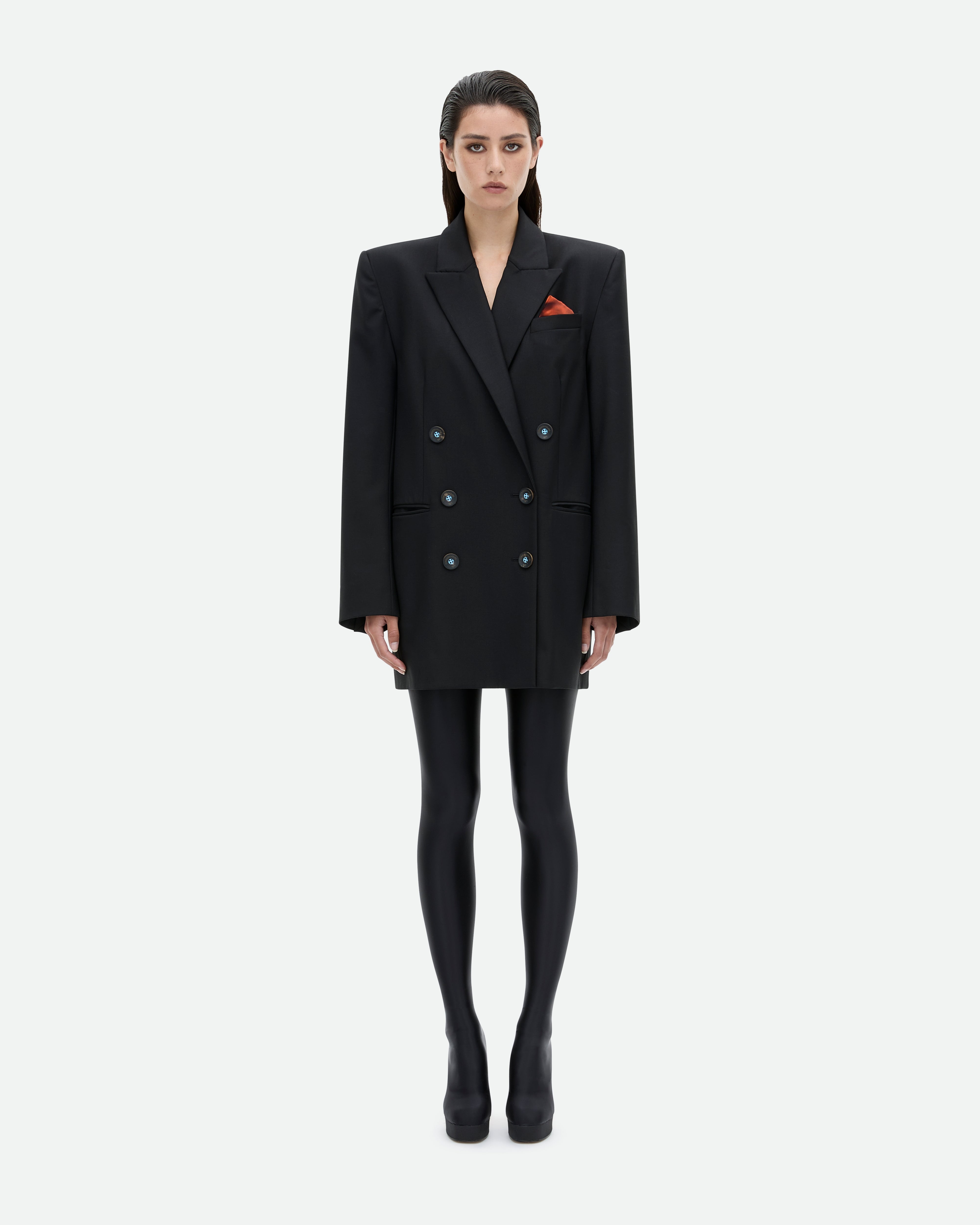Black blazer jacket Pretender dress with a red silk pocket square from Common Hours.