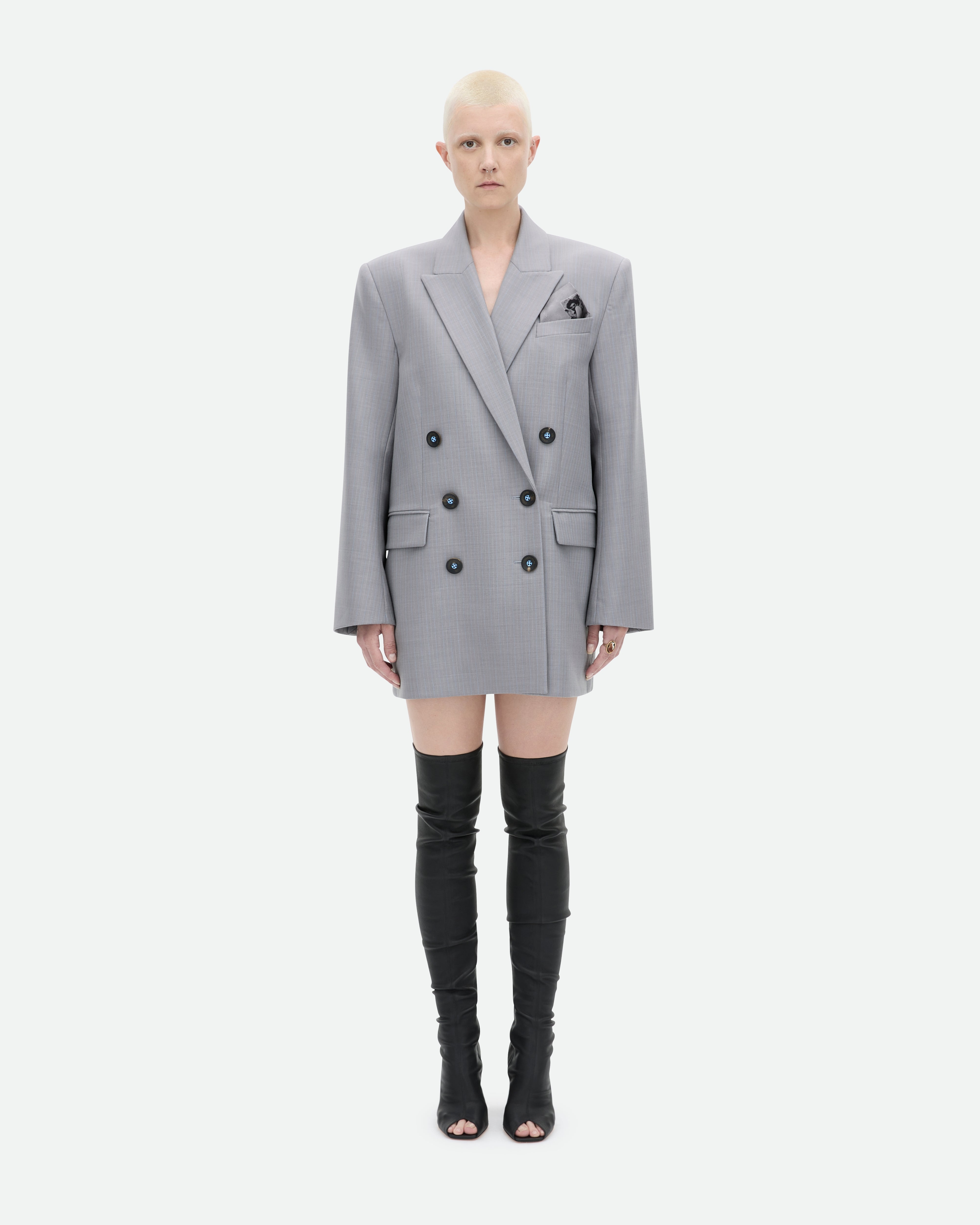 Grey blazer jacket Pretender dress with silk pocket square from Common Hours.