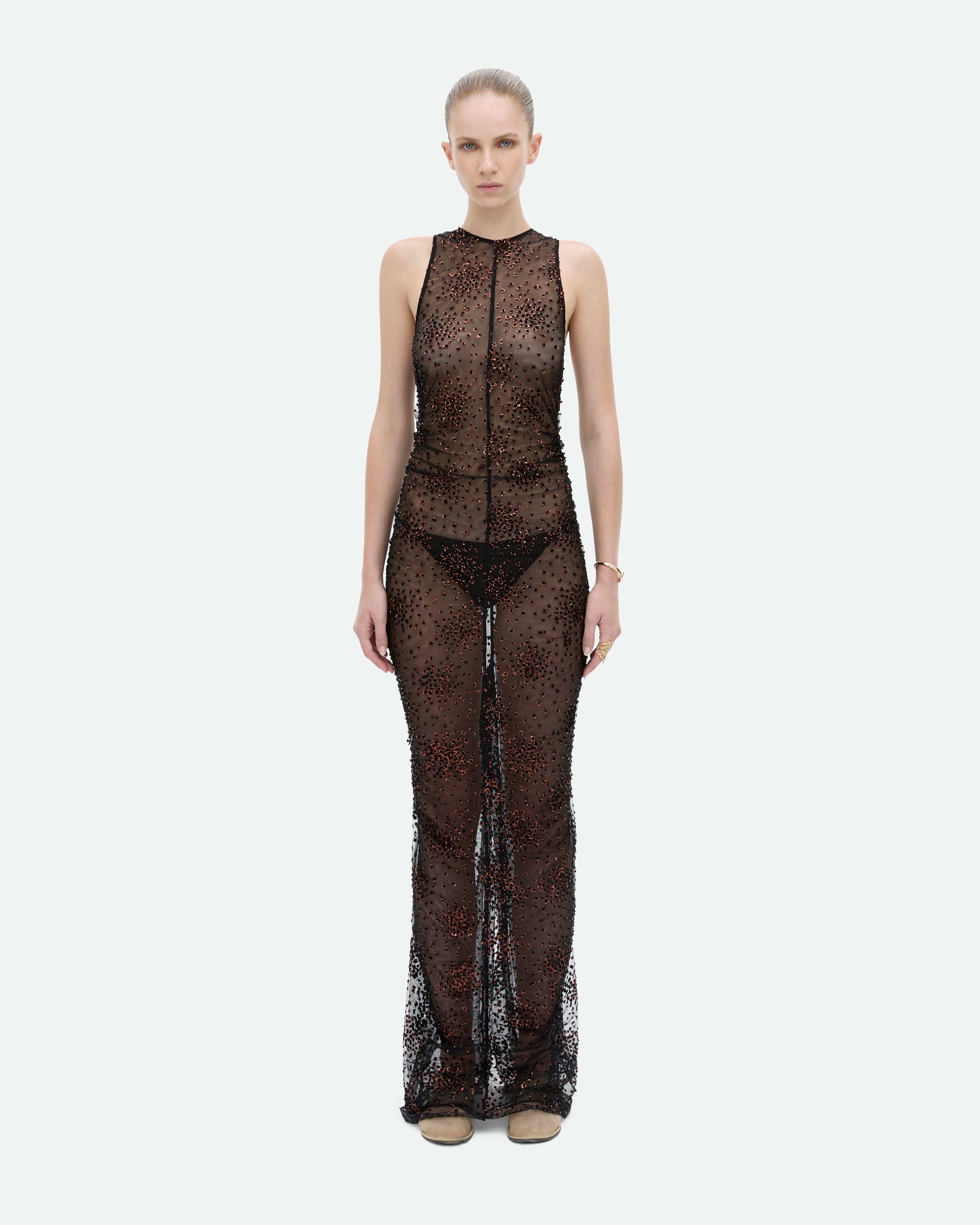 Common Hours Rush dress floor-length, sleeveless, embroidered mesh see-through.