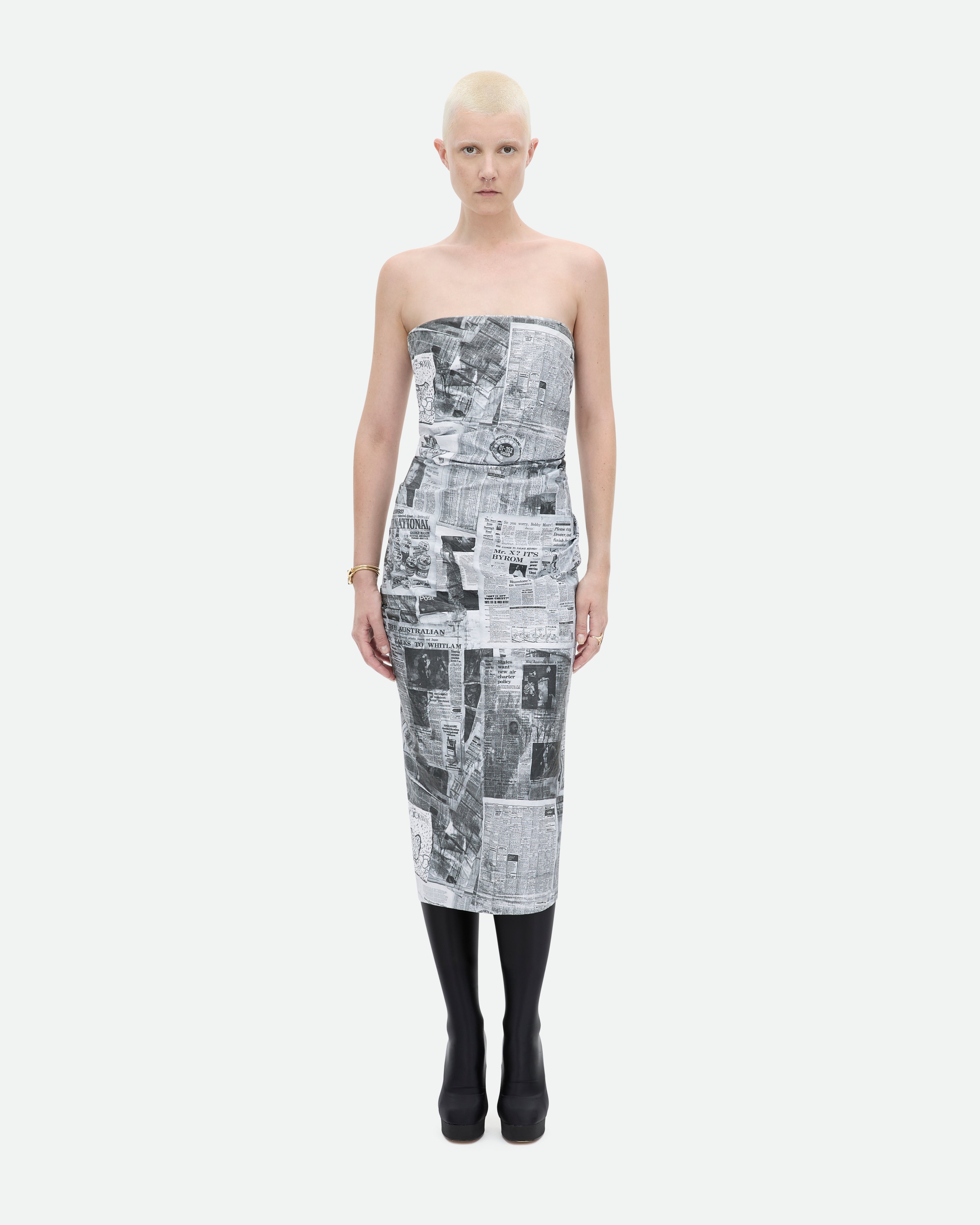 Common Hours Tabloid dress, strapless newspaper print midi cut.