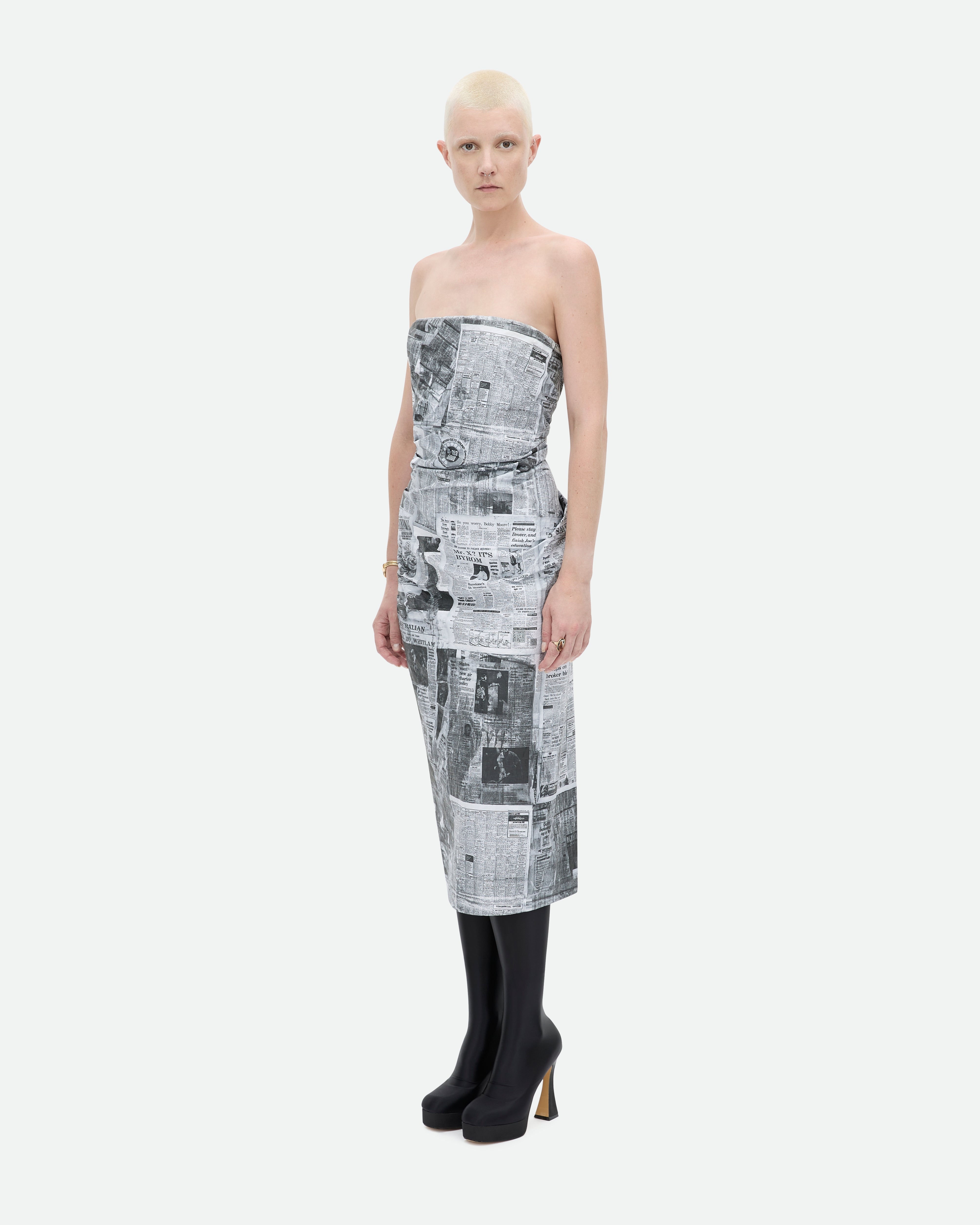 Common Hours Tabloid dress, strapless newspaper print midi cut.