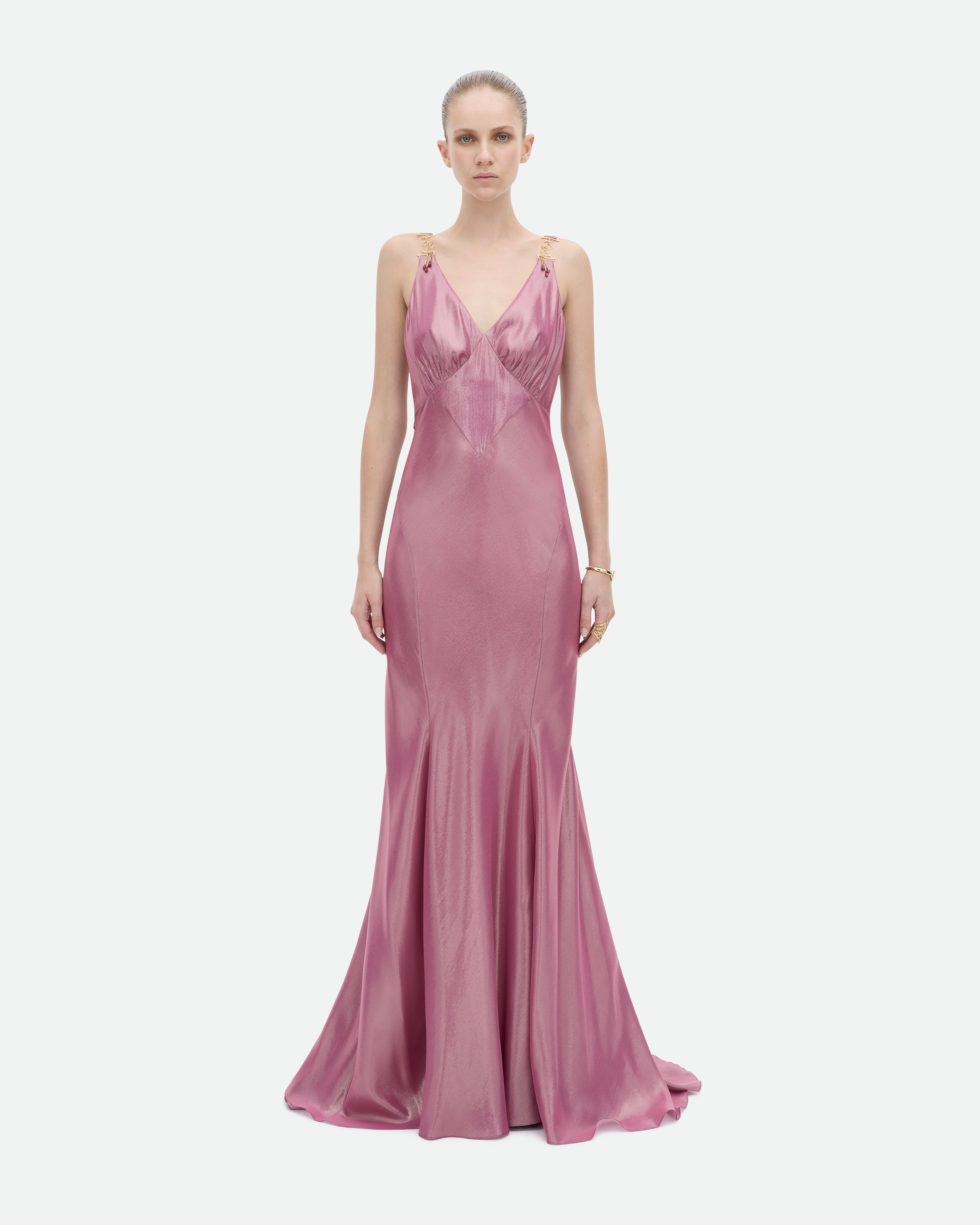 Long metallic Flamingo pink gown with metallic details by Common Hours.