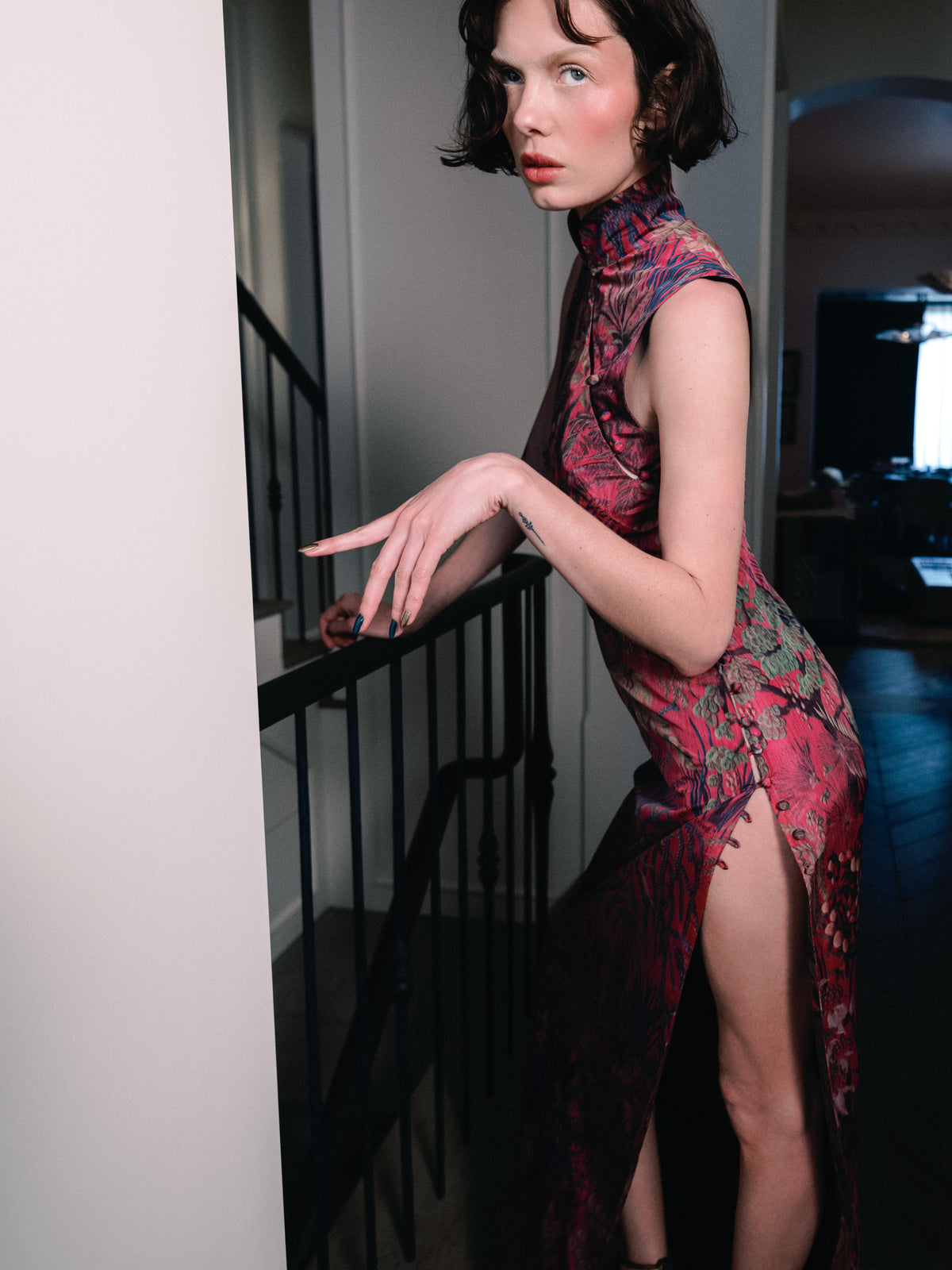 Cheongsam-inspired Devotion dress from Common Hours x Abbey Lee collection, in bespoke pink floral jacquard