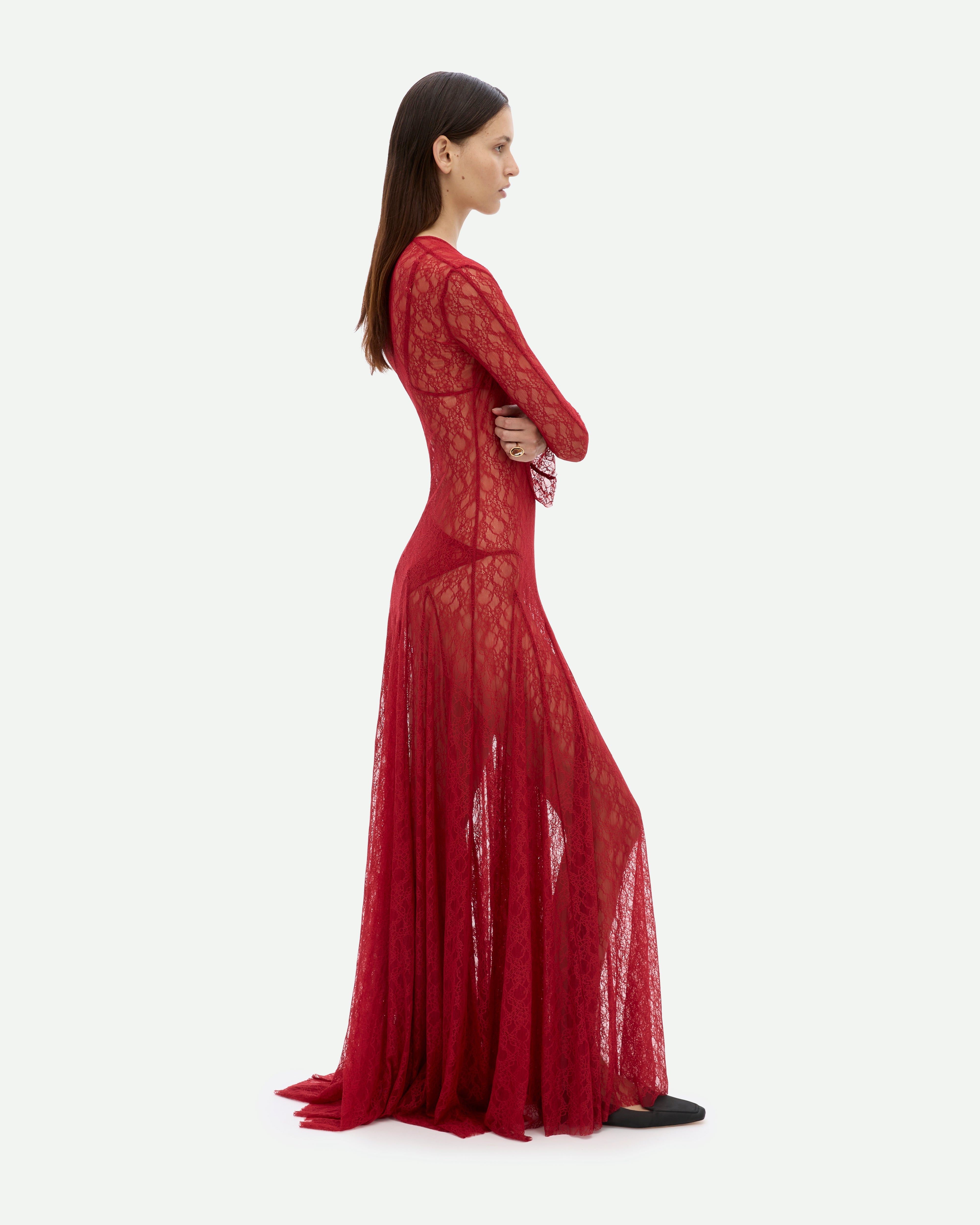 Common Hours Cold Type dress, floor-length see-through red lace with long flare sleeves. 
