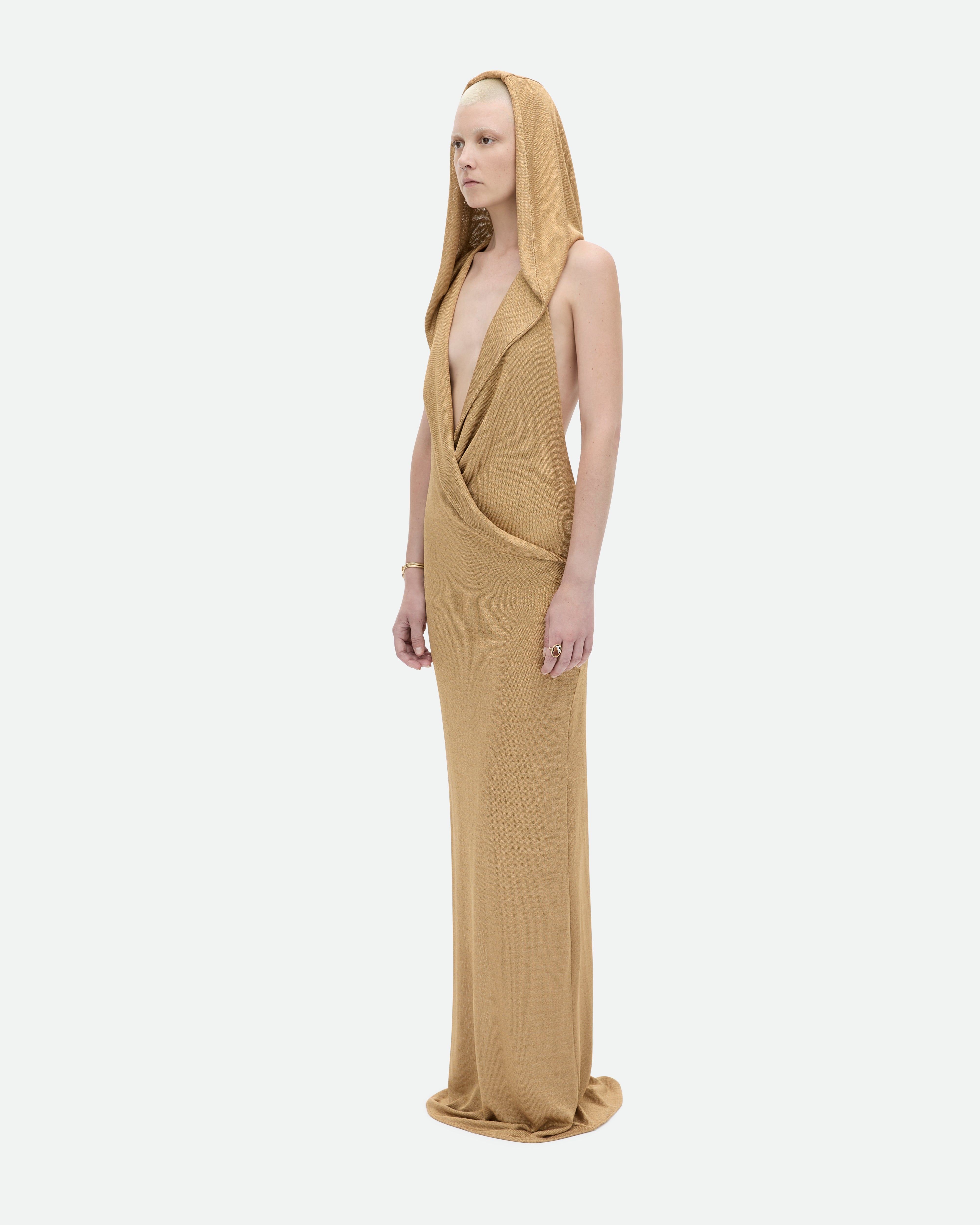 Bees Knees Liquid Metal Hooded Gown in Gold Honey Metallic