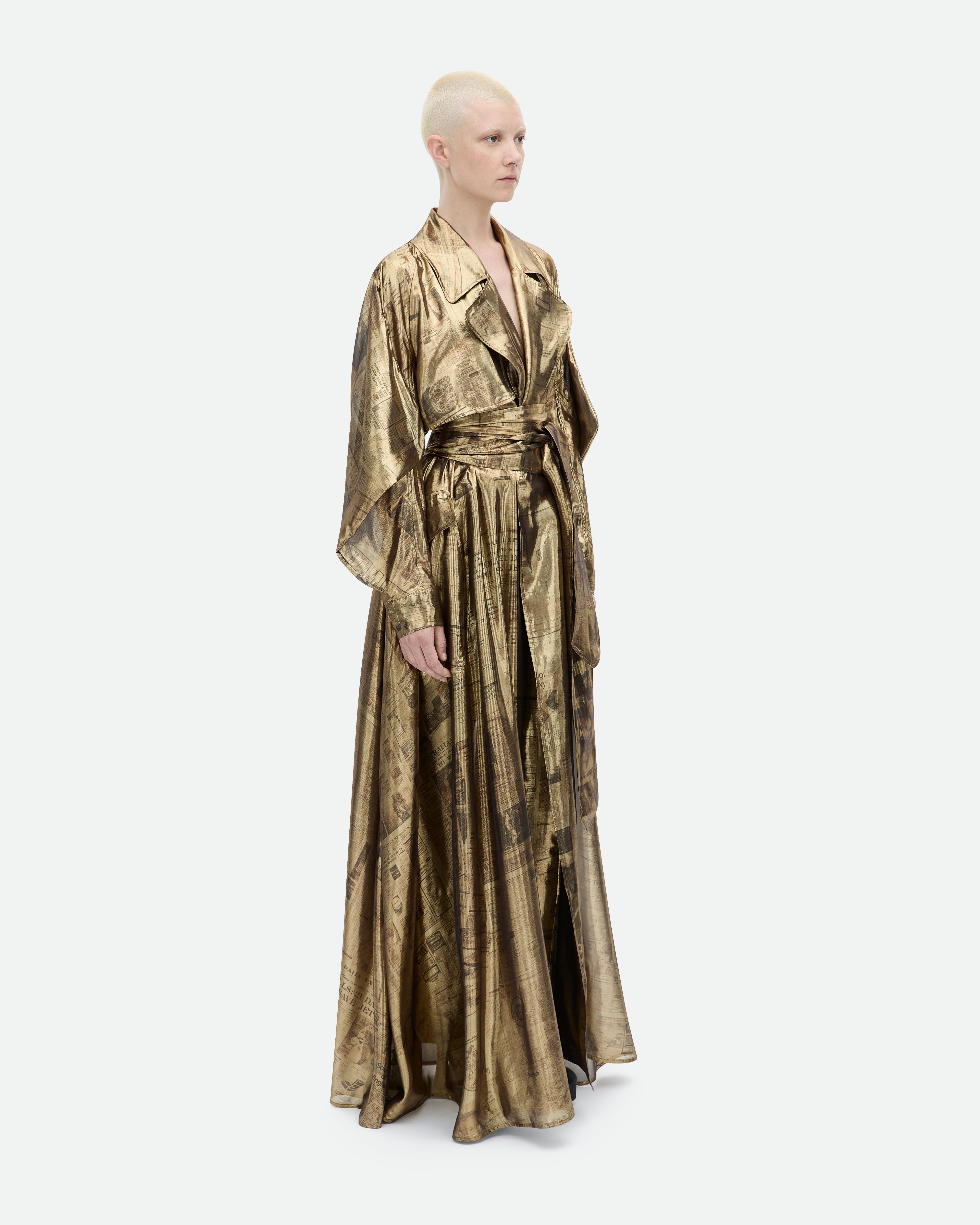 Gold newsletter print trench coat dress, Headline dress by Common Hours.