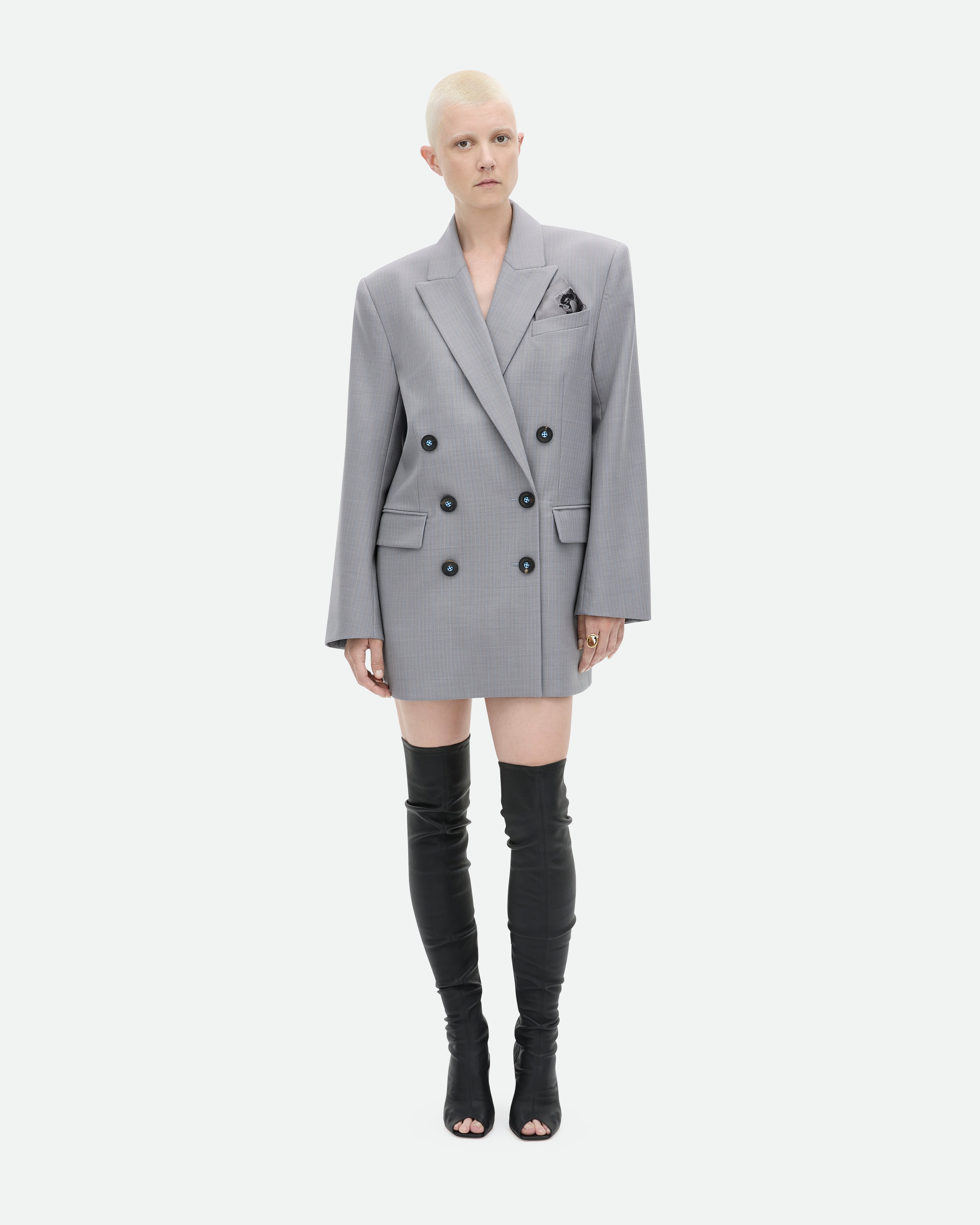Grey blazer jacket Pretender dress with silk pocket square from Common Hours.