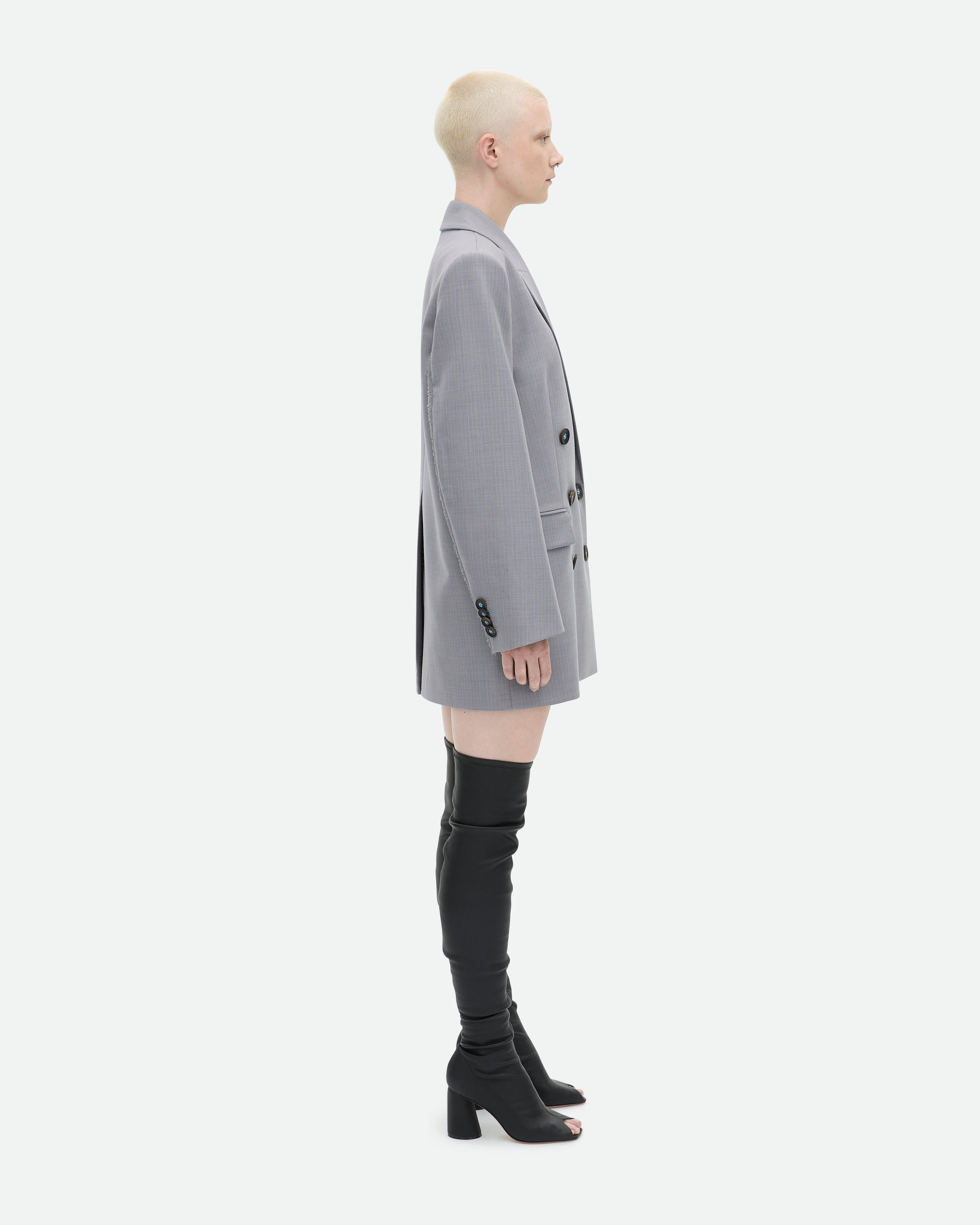 Grey blazer jacket Pretender dress with silk pocket square from Common Hours.