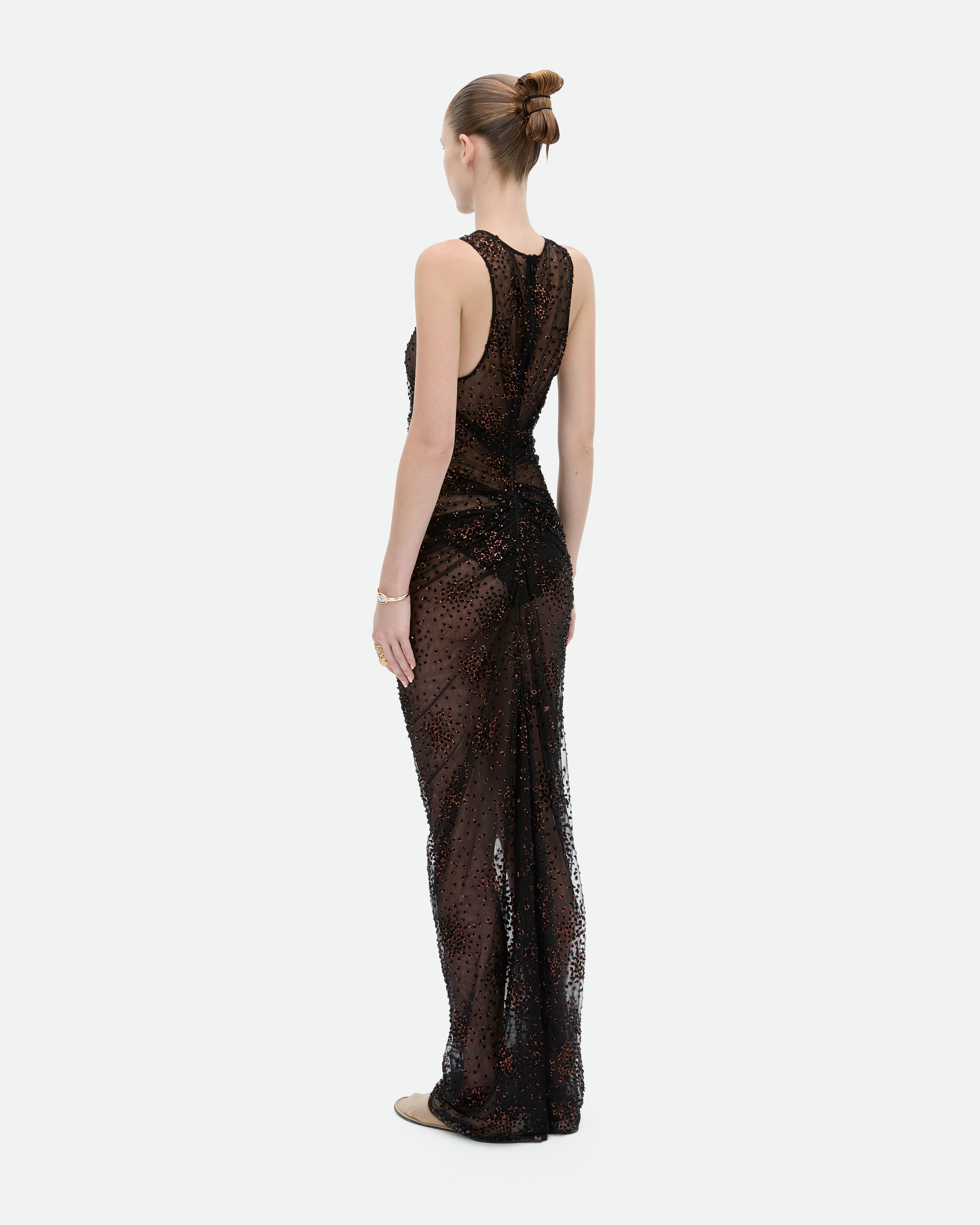 Common Hours Rush dress floor-length, sleeveless, embroidered mesh see-through.