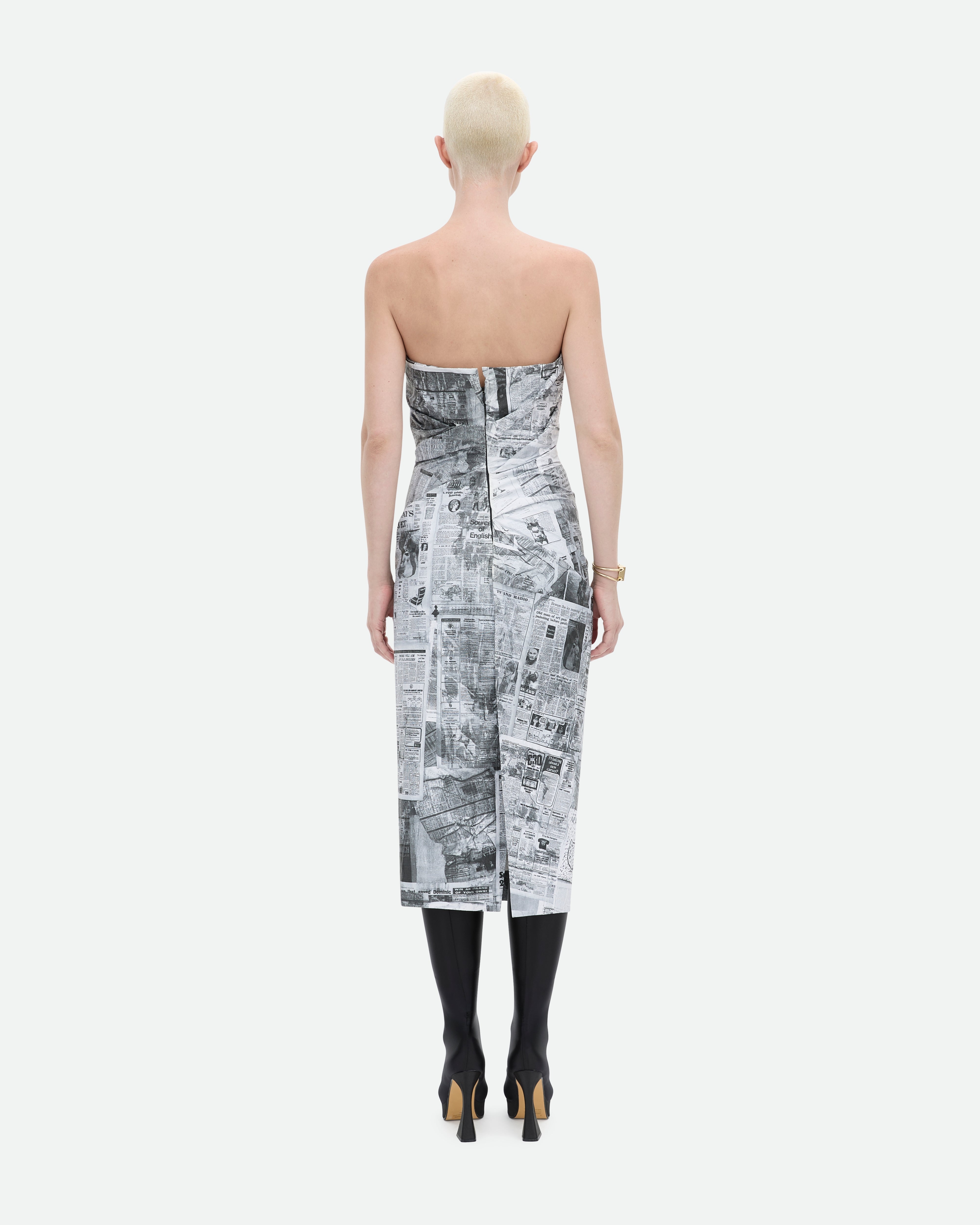 Common Hours Tabloid dress, strapless newspaper print midi cut.