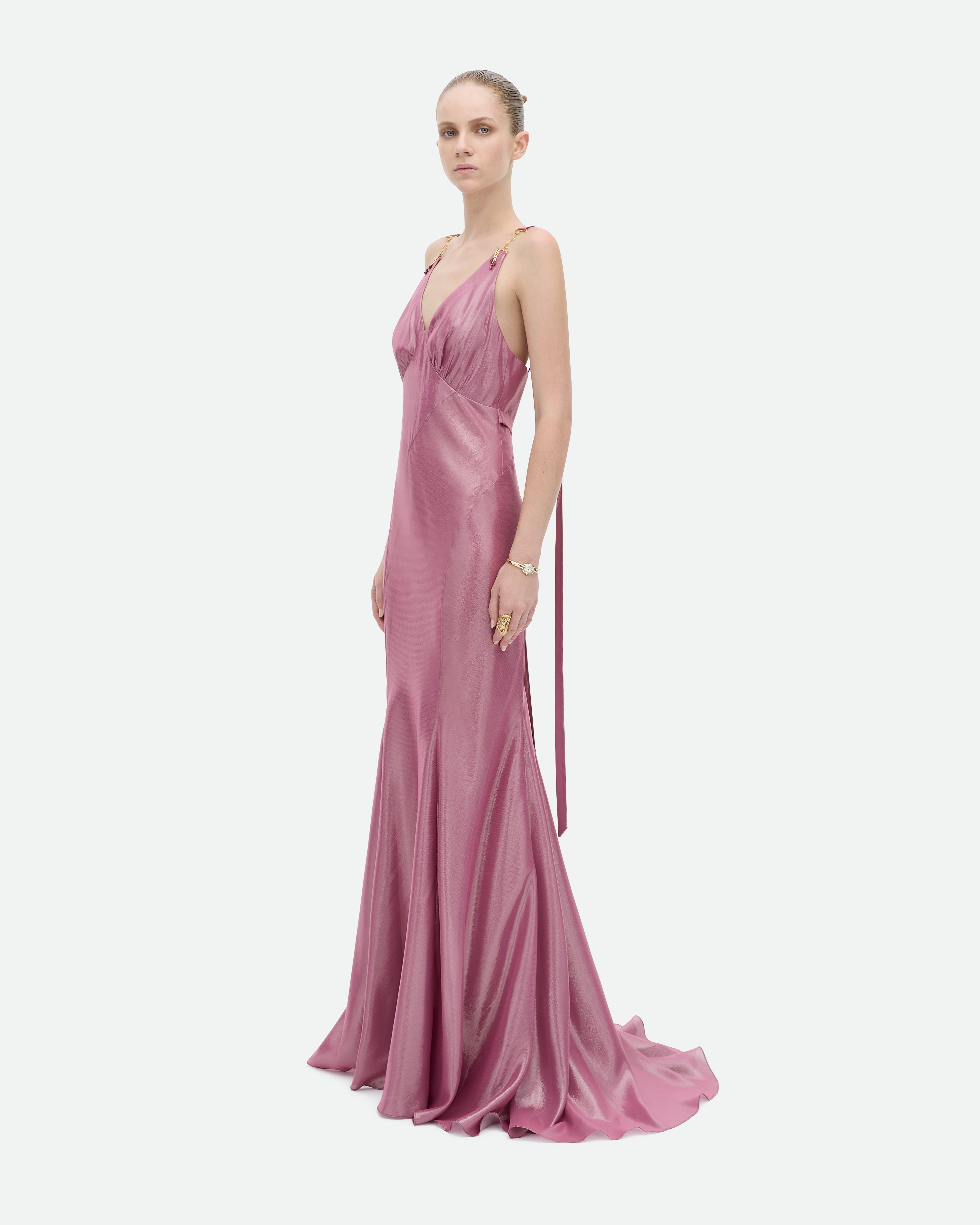 Long metallic Flamingo pink gown with metallic details by Common Hours.