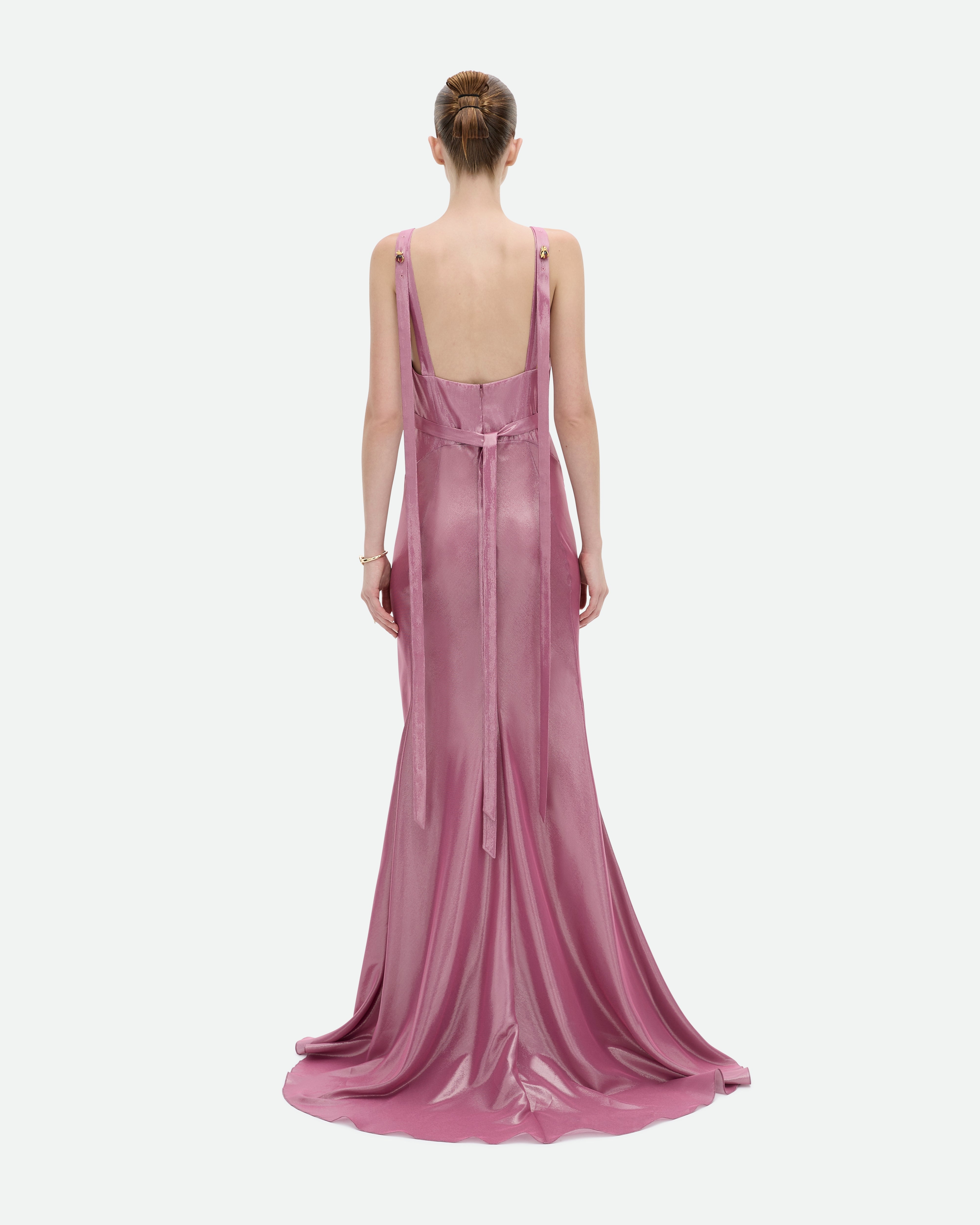 Long metallic Flamingo pink gown with metallic details by Common Hours.