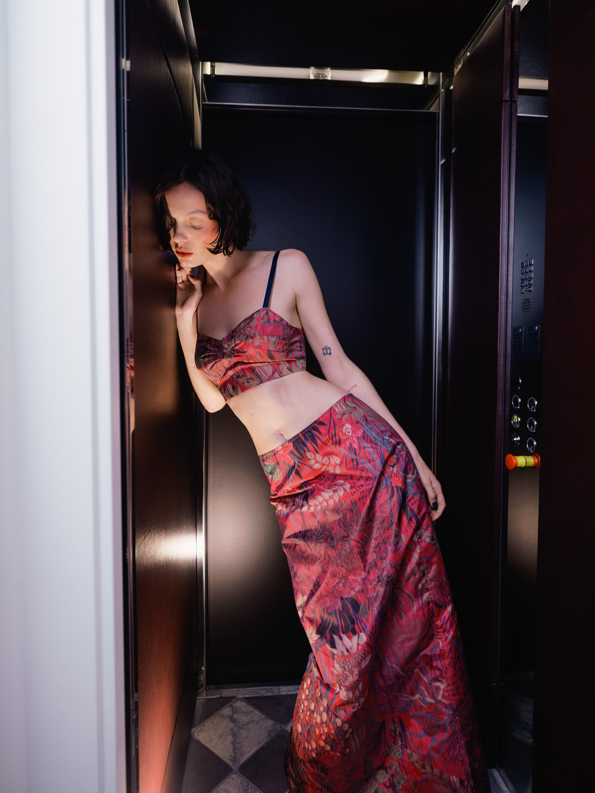 Common Hours x Abbey Lee Euphoria skirt is inspired from the 90s in pink Wallpaper Floral