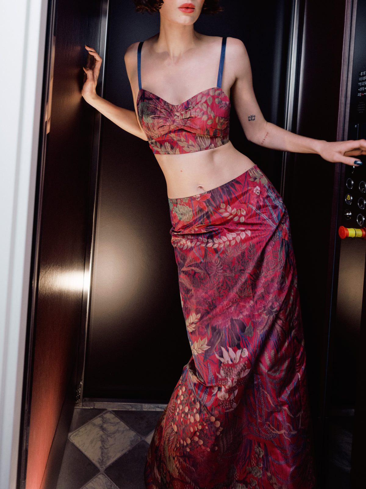 Common Hours x Abbey Lee Euphoria Skirt is a 90s-inspired, longline straight-cut skirt in pink Wallpaper Floral